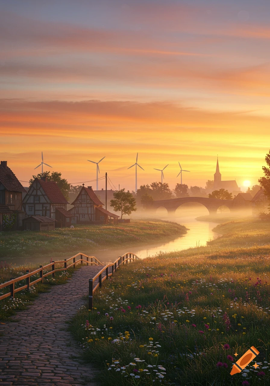 Photorealistic image of a misty rural village at sunrise, featuring a cobblestone path, river, bridge, houses, and wind turbines.