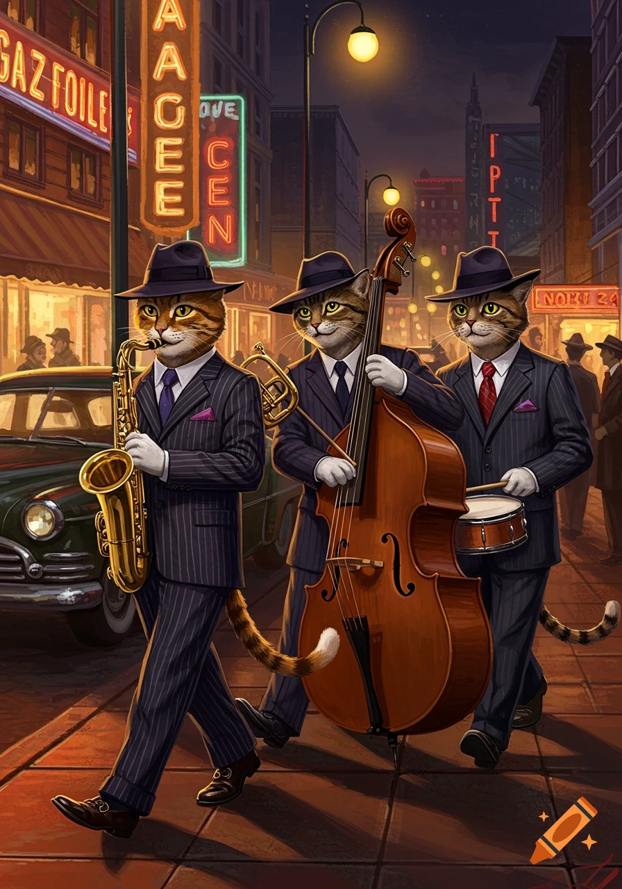 Three anthropomorphic tabby cats dressed in 1950s pinstripe suits and fedoras walk down a dark city street, playing jazz instruments. One plays a saxophone, another a double bass, and the third a snare drum. Neon signs glow in the background.