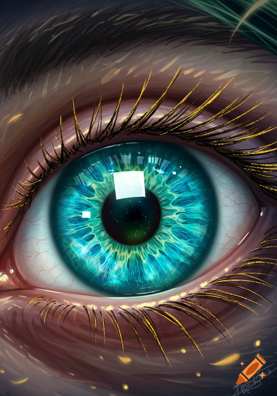 Close-up digital art illustration of a vibrant turquoise eye with a starry pupil and golden eyelashes.