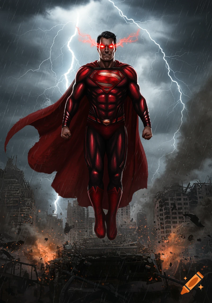 A menacing, red-suited Superman-like figure with glowing red eyes floats above a destroyed city under a stormy sky with lightning.