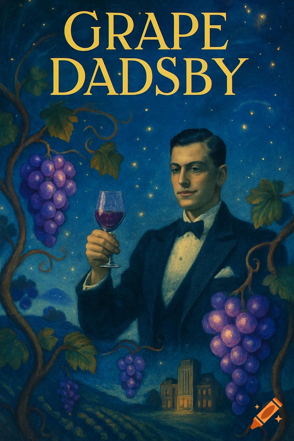 Book cover illustration for 'Grape Dadsby' featuring a man in a tuxedo holding wine, surrounded by grapes and a starry night in a vintage art style.
