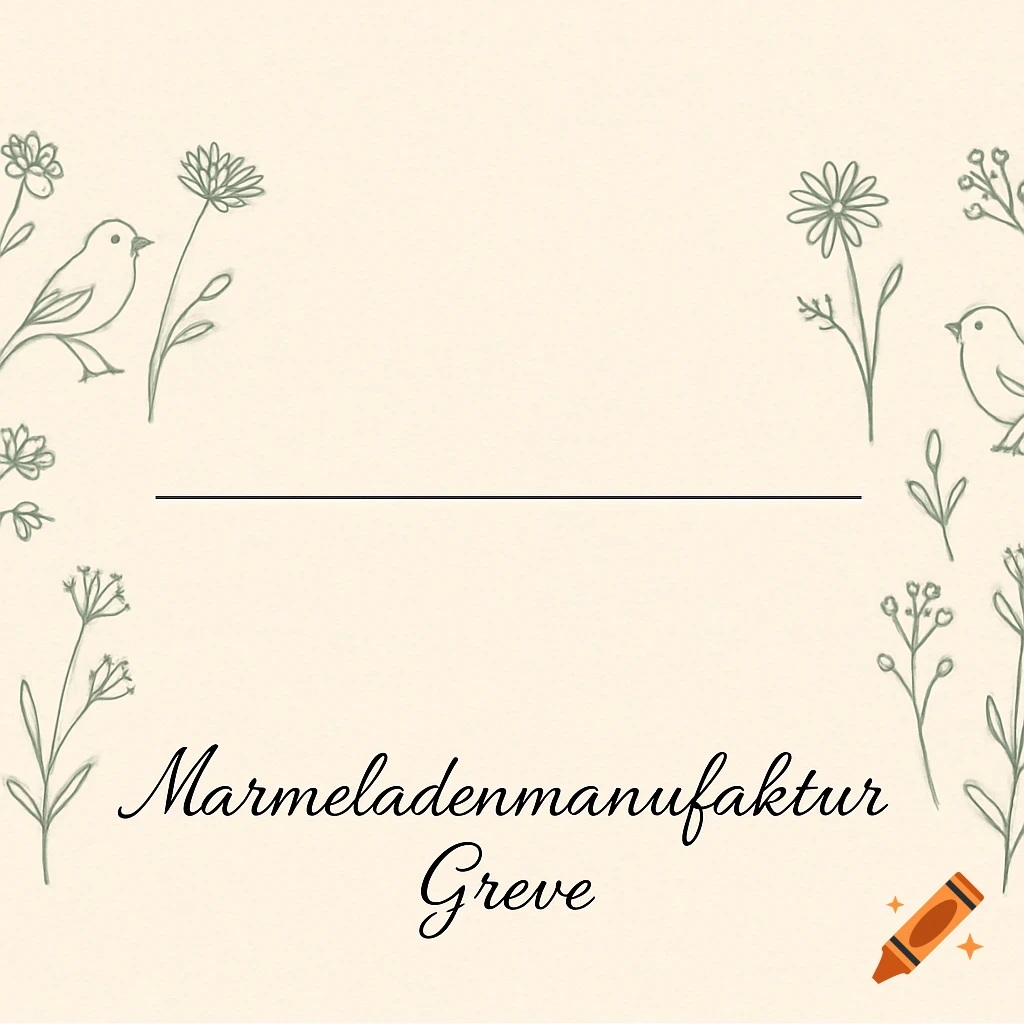 A minimalistic jam label with a light beige background, featuring green line drawings of birds and wildflowers along the edges. A thin black line provides space for text, and "Marmeladenmanufaktur Greve" is written in cursive at the bottom.