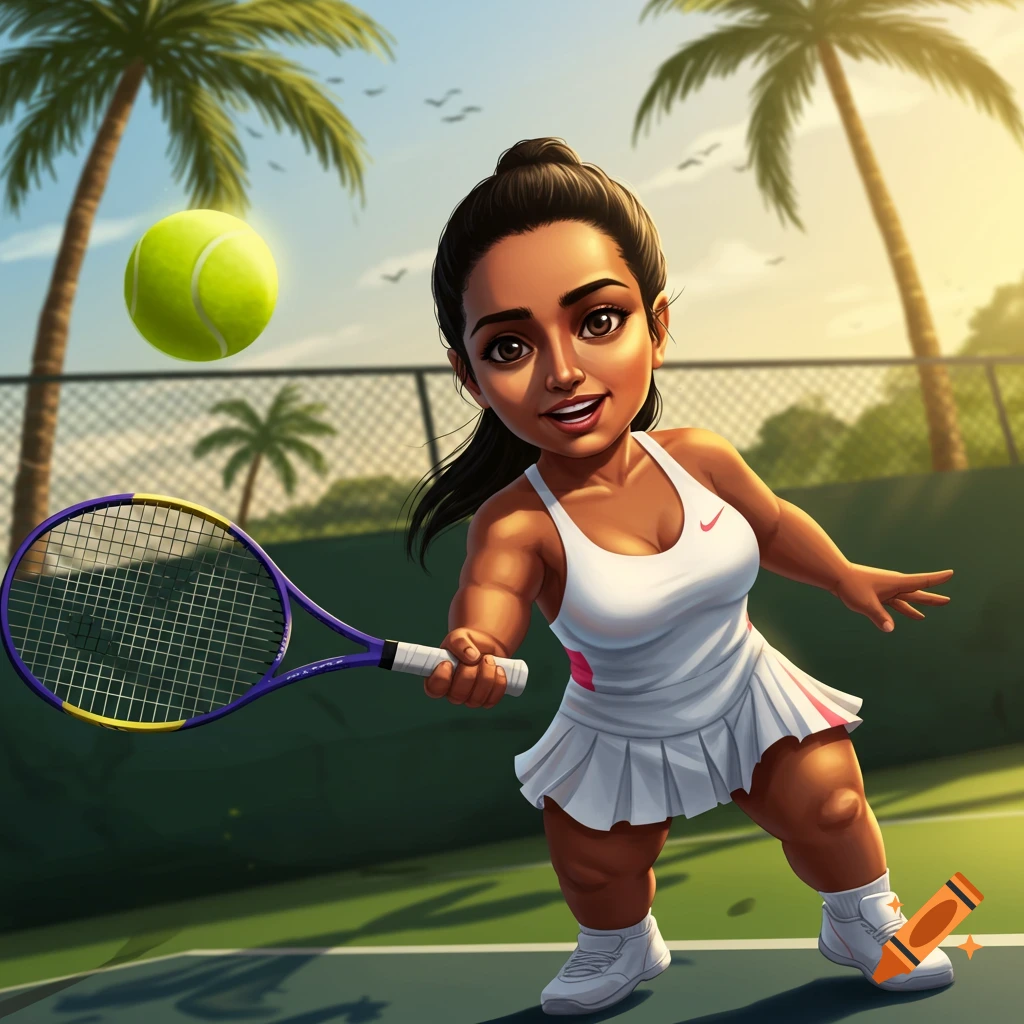 A short, cartoon Indian woman playing tennis on a court with palm trees, holding a racket as a ball floats nearby.
