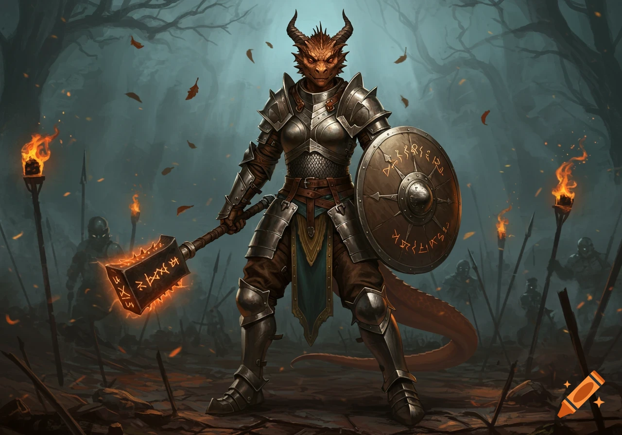 A bronze-skinned dragonborn warrior in plate armor holds a glowing mace and a runic shield, surrounded by shadowy figures in a dark, misty forest.