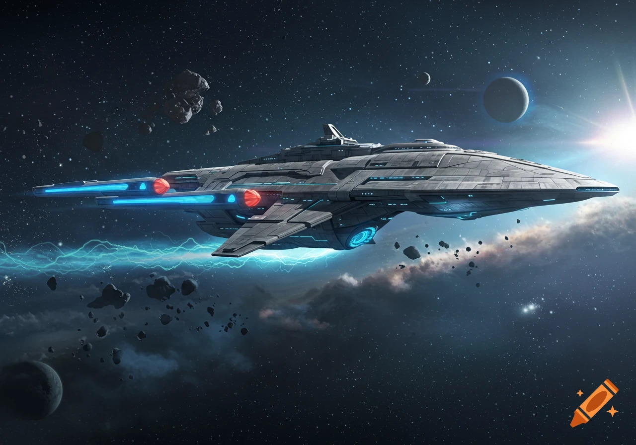 A detailed grey and blue futuristic spaceship with glowing engines navigates through a dark space scene with asteroids, planets, and a bright star.
