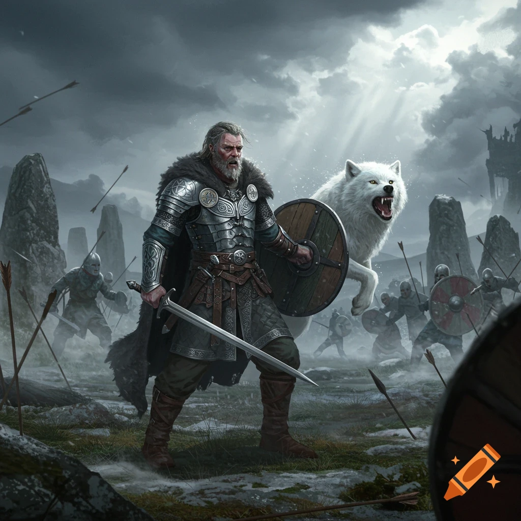 A fierce Celtic warrior in armor with a sword and shield battles enemies alongside a white wolf in a misty highland landscape.