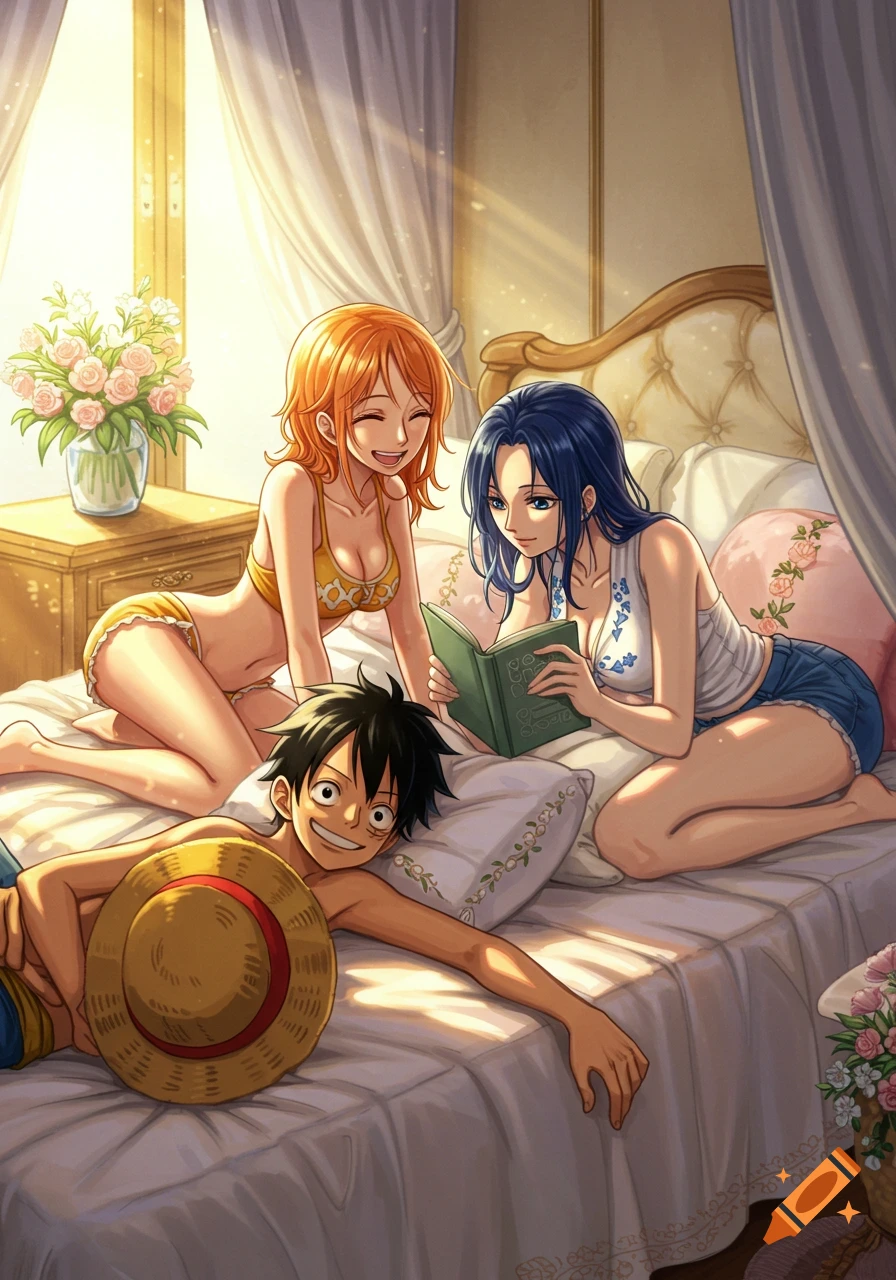 Anime characters Nami in a yellow bikini, Nico Robin reading a book, and Luffy smiling on a bed in a sunlit bedroom.