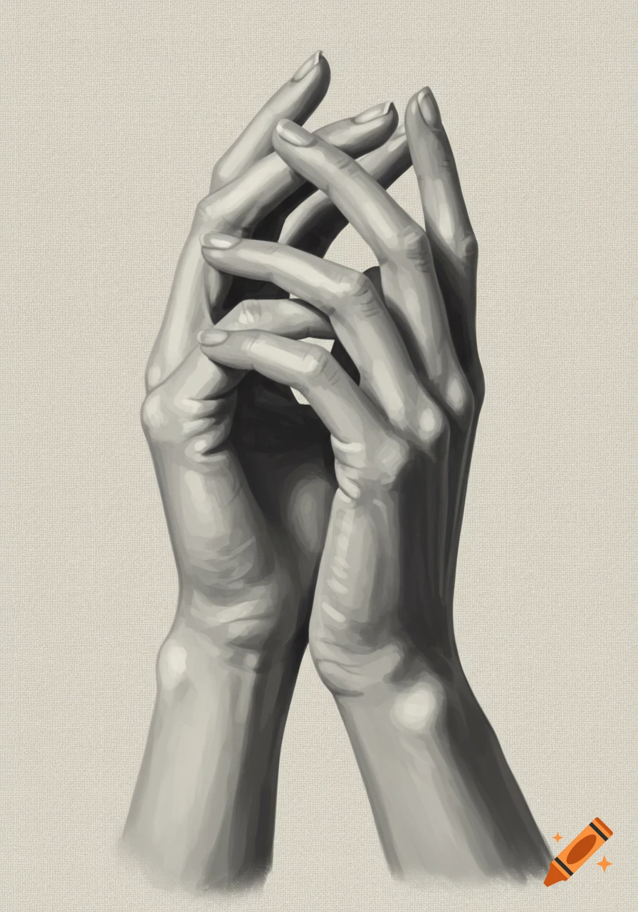 Grayscale digital painting of two intertwined hands against a textured background.