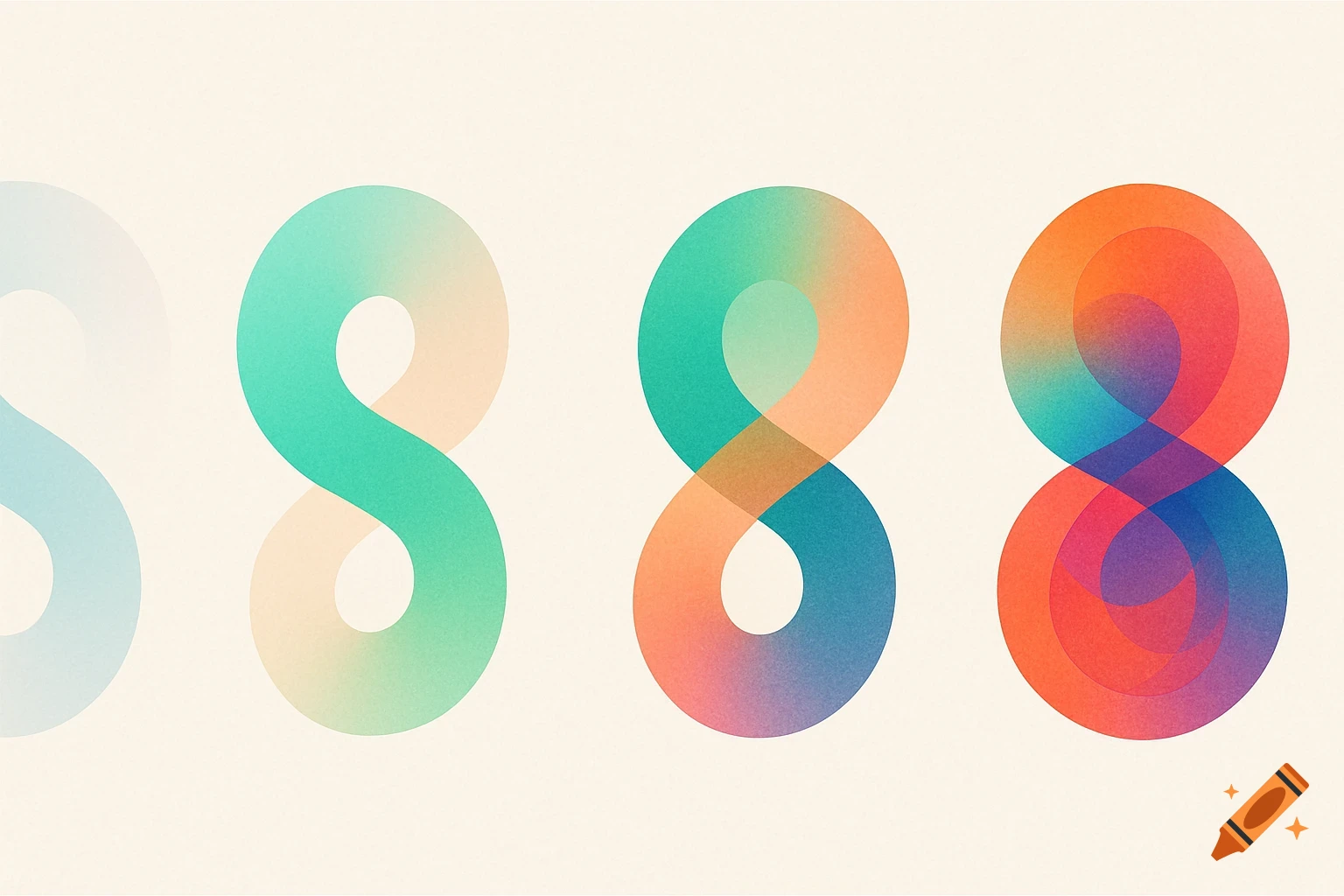 A horizontal progression of four abstract, gradient-colored infinity-like shapes on a textured off-white background.