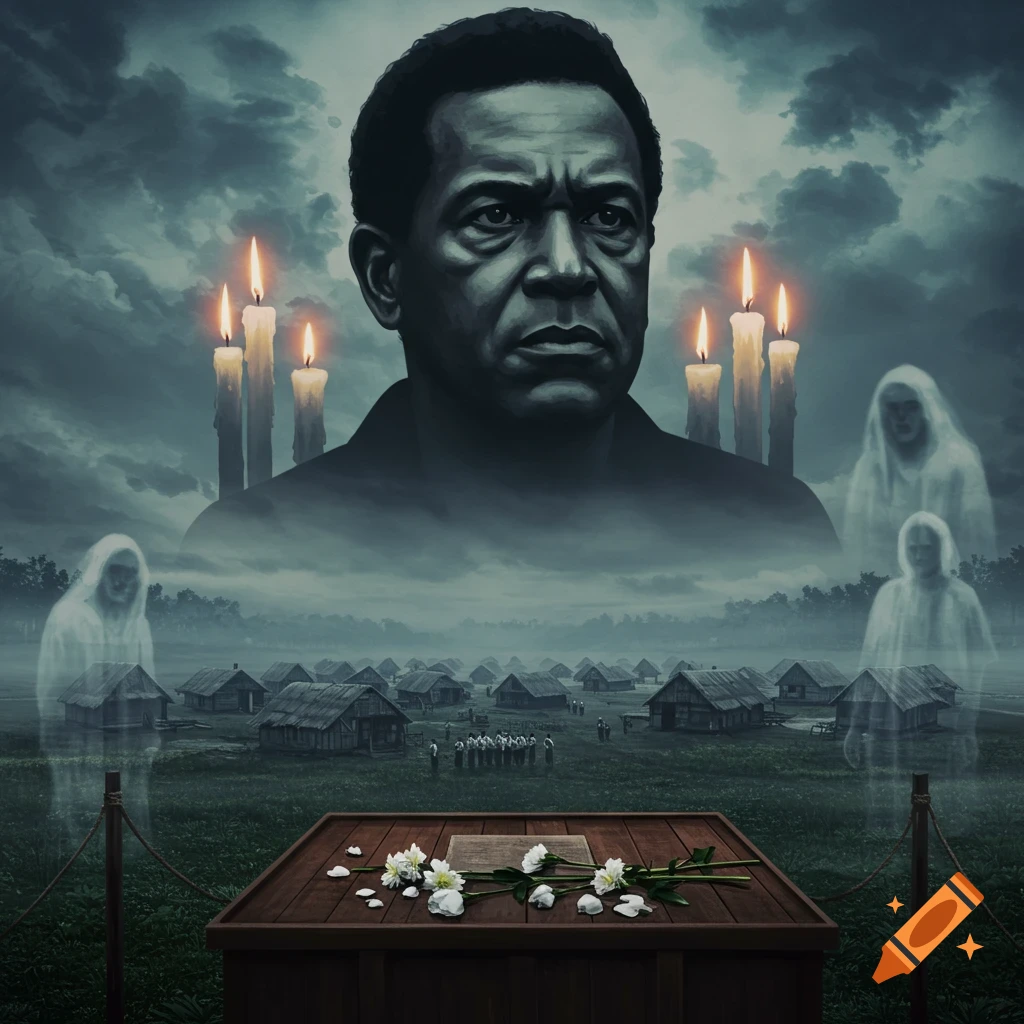 A somber, misty illustration featuring a large portrait of a serious Black man above a village, with ghostly figures, glowing candles, and a flower-adorned casket in the foreground.
