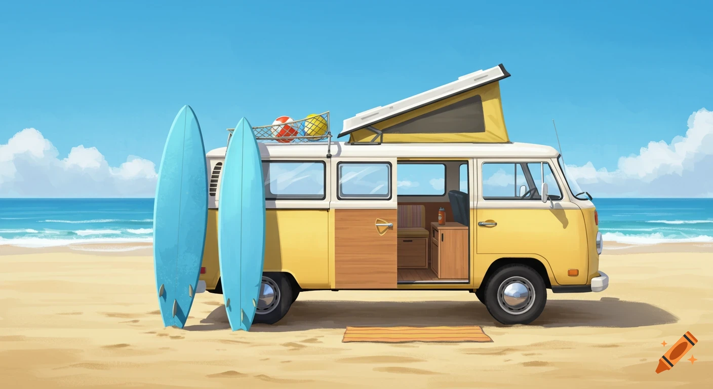 A light yellow camper van with two blue surfboards leaned against it on a sandy beach, with the ocean and blue sky in the background. The van has its side door open and a pop-up roof.