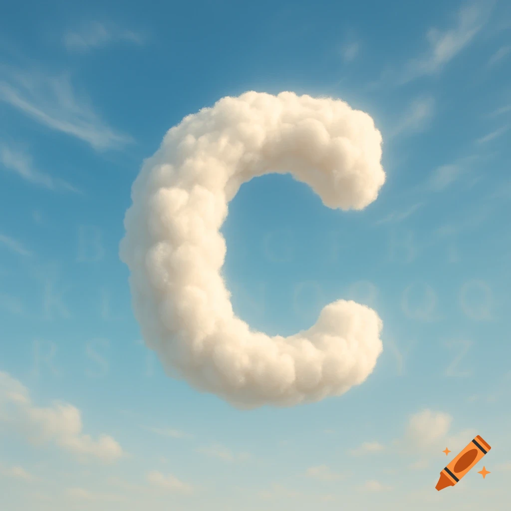 A fluffy white cloud shaped like the letter C floats in a bright blue sky with faint background letters.