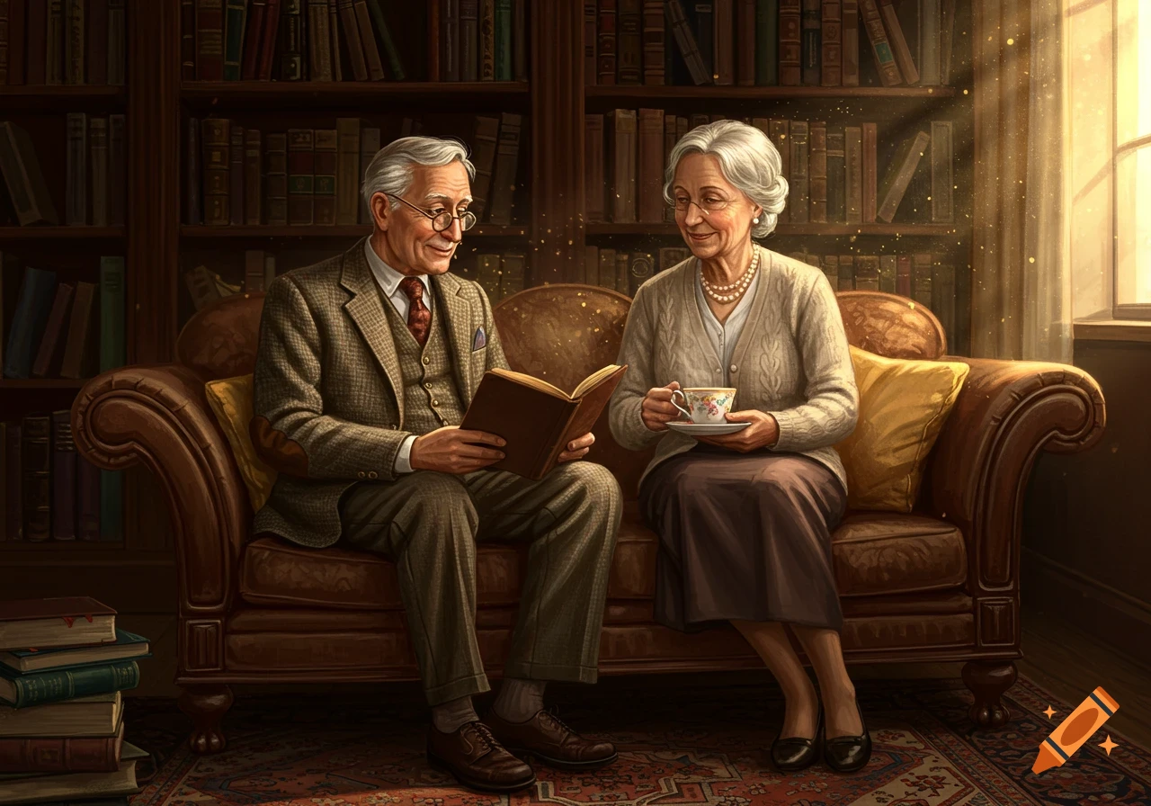 An elderly couple sits on a brown leather couch in a cozy library. The man reads a book, while the woman sips tea from a teacup.