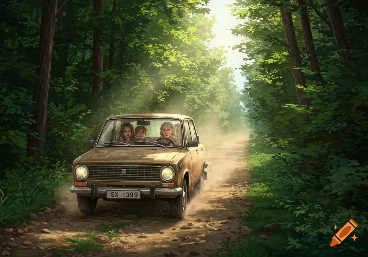 A digital painting of a family driving a dusty old car down a narrow, sunlit forest road, kicking up gravel.