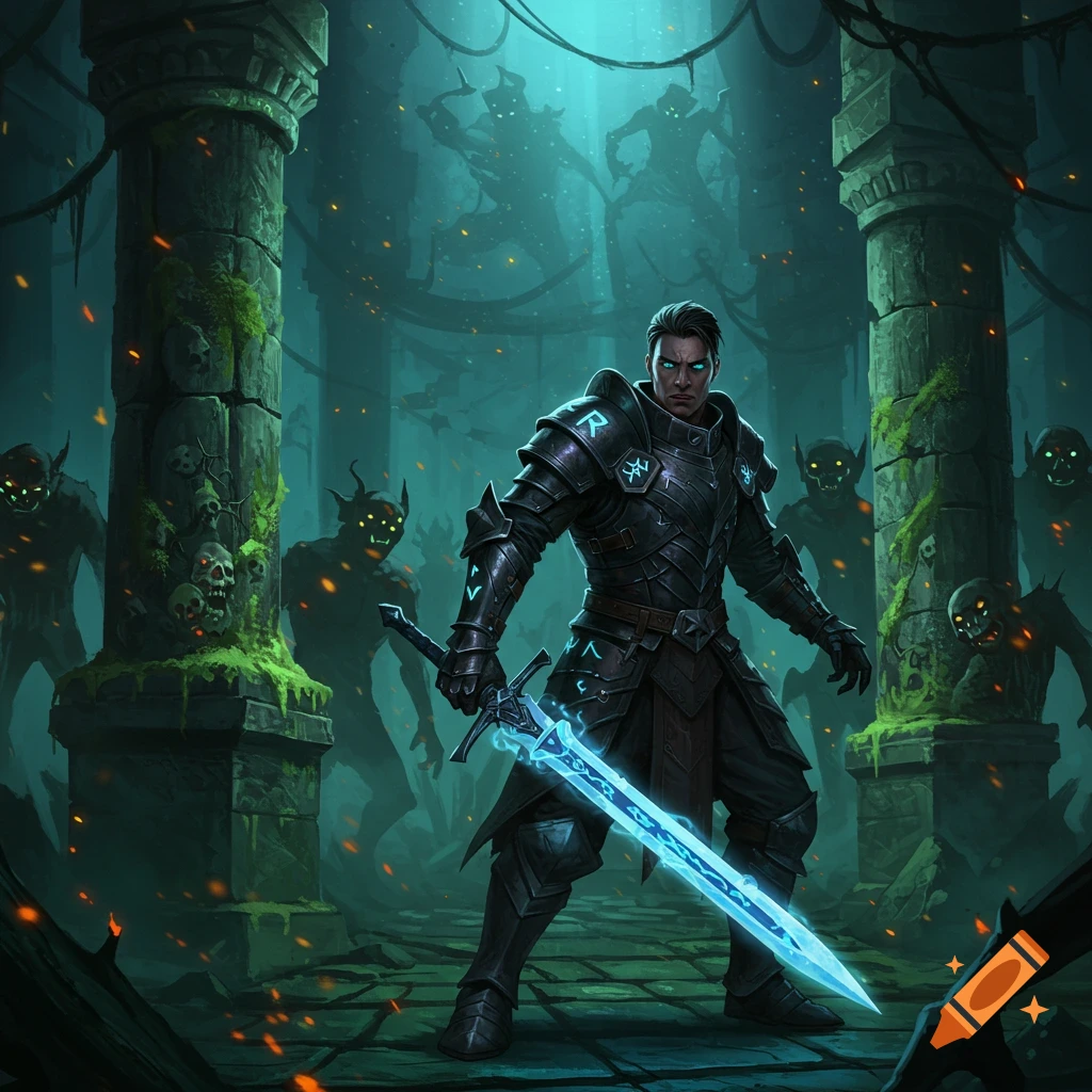 A dark fantasy digital art piece shows a warrior in armor with a glowing blue sword, surrounded by goblins and shadows in a ruined dungeon.