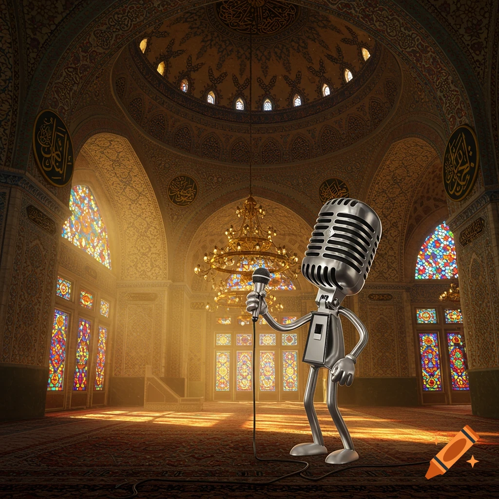 A stylized metallic microphone character holds a smaller microphone in a grand, ornate mosque with stained glass windows.