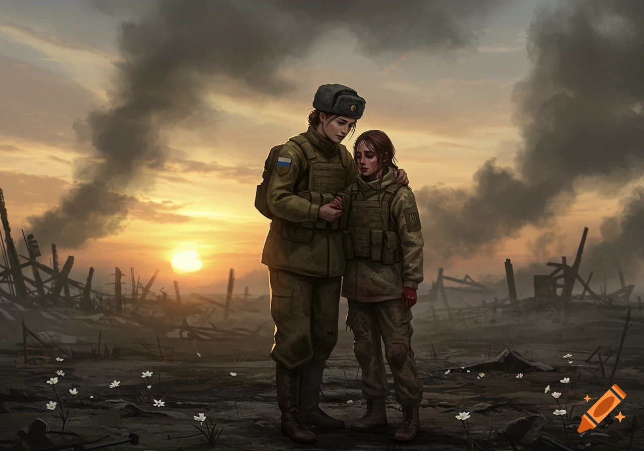 Stylized art: A Russian soldier comforts a wounded Ukrainian soldier in a war-torn landscape at sunset, with smoke and sparse flowers.