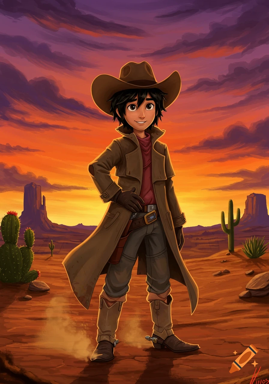 A cartoon boy with dark hair and a cowboy hat, duster coat, and boots stands in a desert at sunset.
