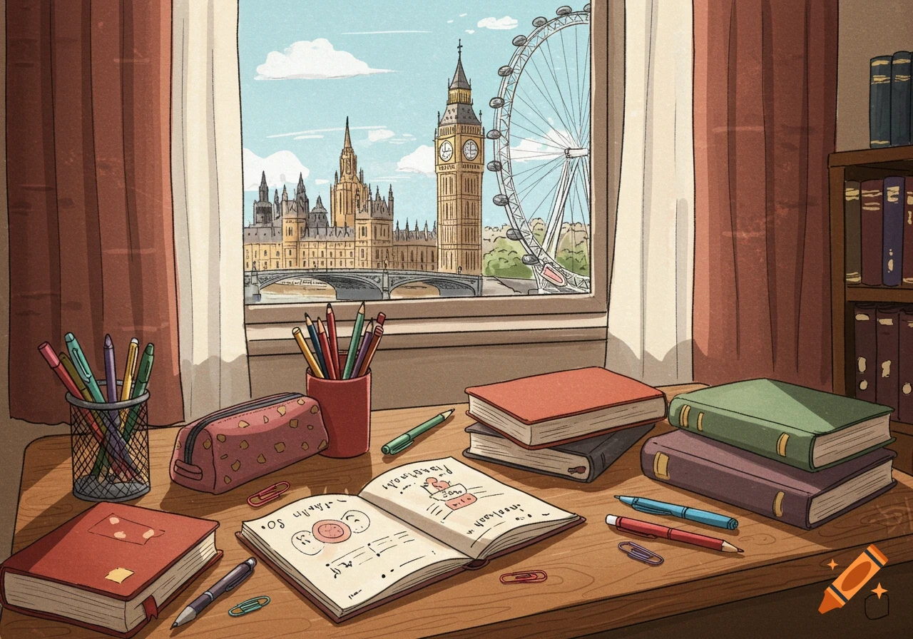 An illustrated desk with school supplies in the foreground, and a window view of London's Big Ben and the London Eye.