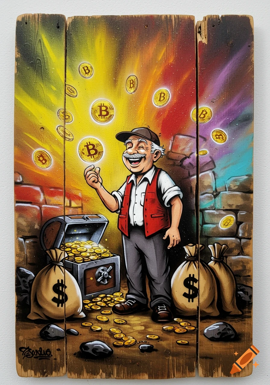 A vibrant spray paint art cartoon of a happy old man with a Bitcoin, money bags, and a treasure chest on rustic wood.