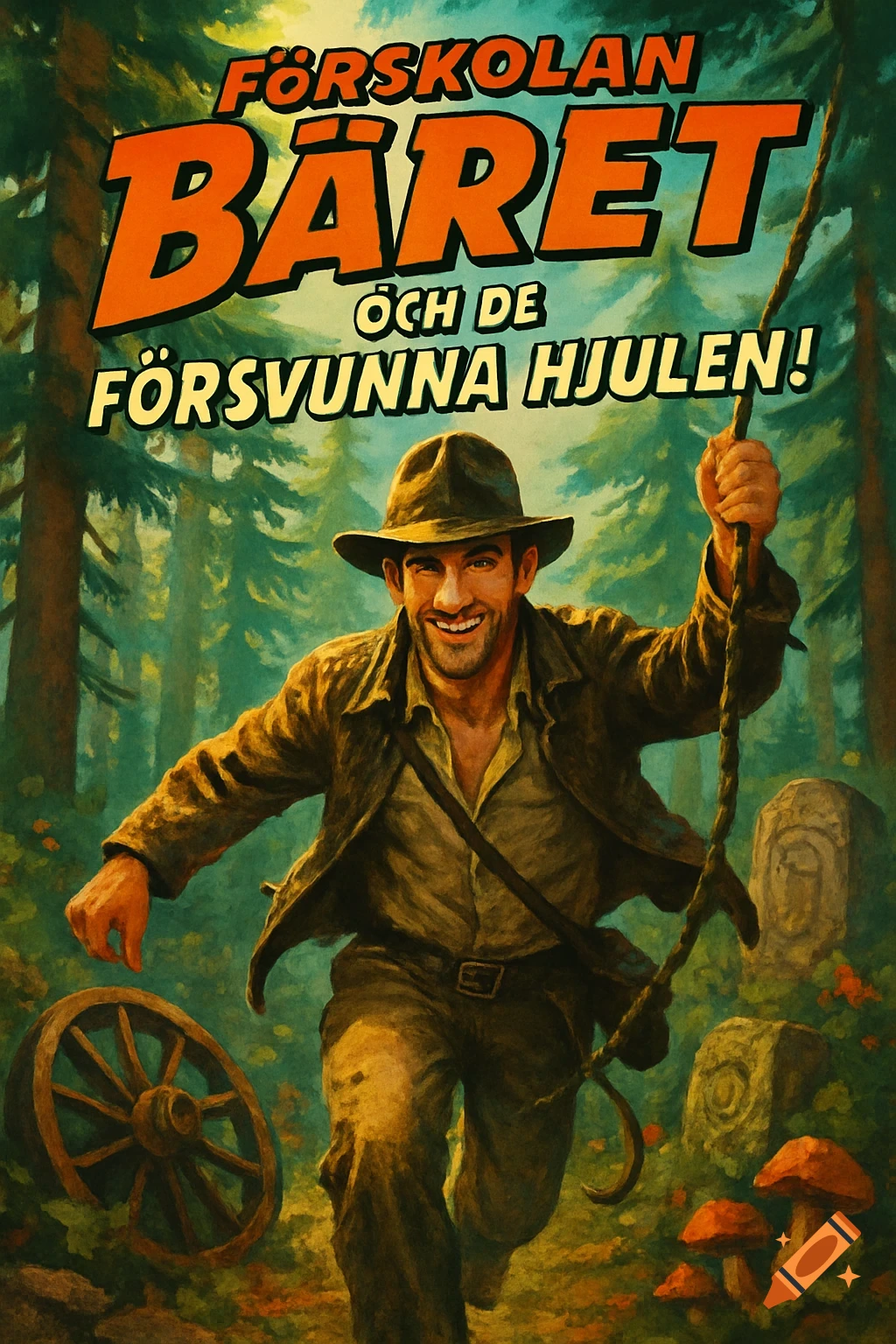 A smiling explorer in a hat swings on a vine through a lush jungle, with a large wooden wheel and stones. Vintage illustration style.