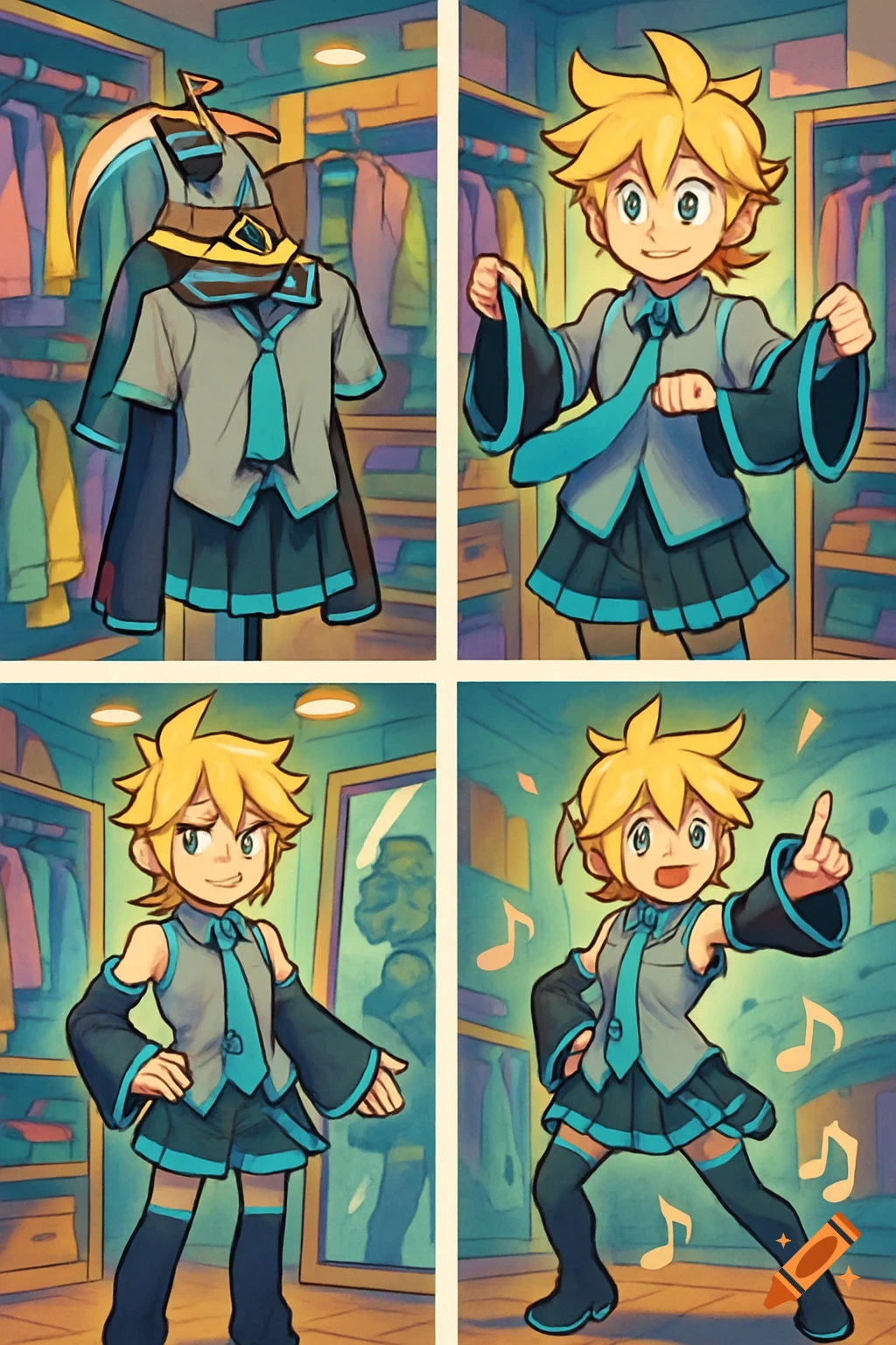 A 4-panel anime comic of Kagamine Len in a closet, trying on and posing in a Hatsune Miku outfit.