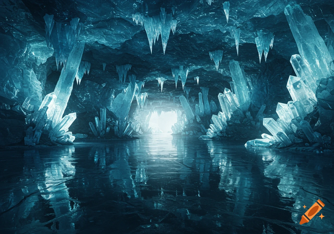 A majestic fantasy ice cavern chamber filled with glowing blue crystals, featuring a reflective water surface leading to a bright opening.