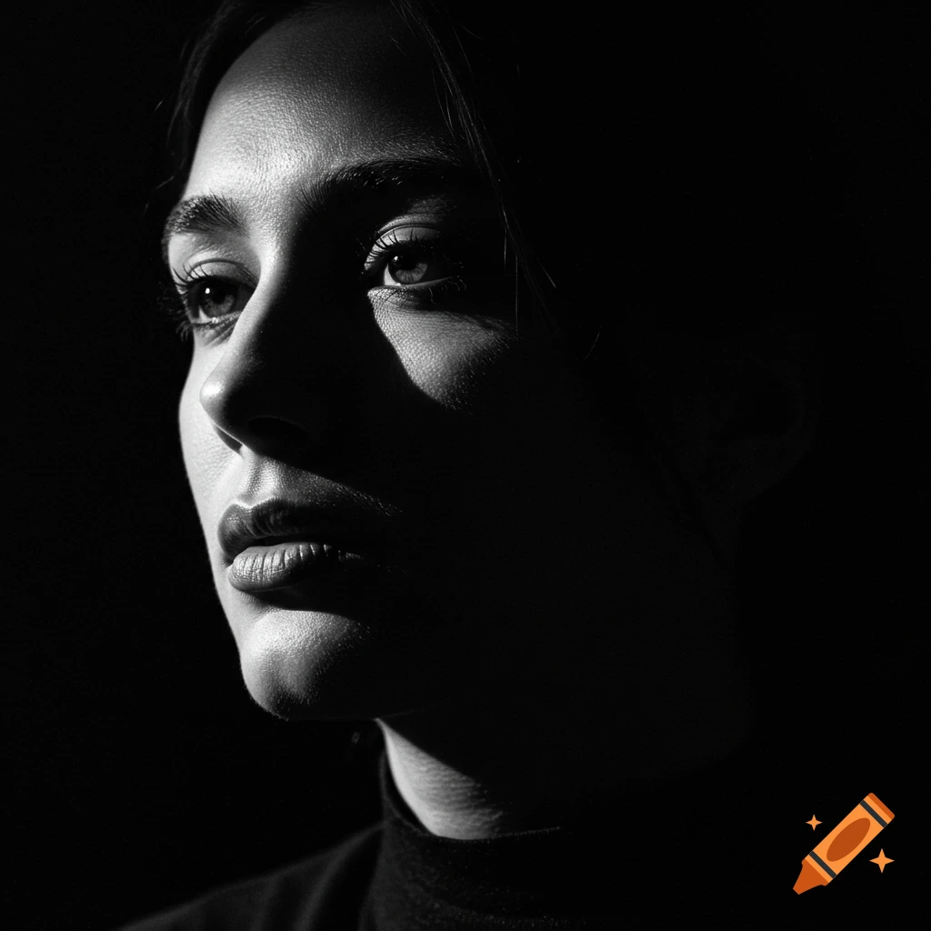 Close-up black and white artistic portrait of a woman's face, partially obscured by deep cinematic shadows, looking upwards.