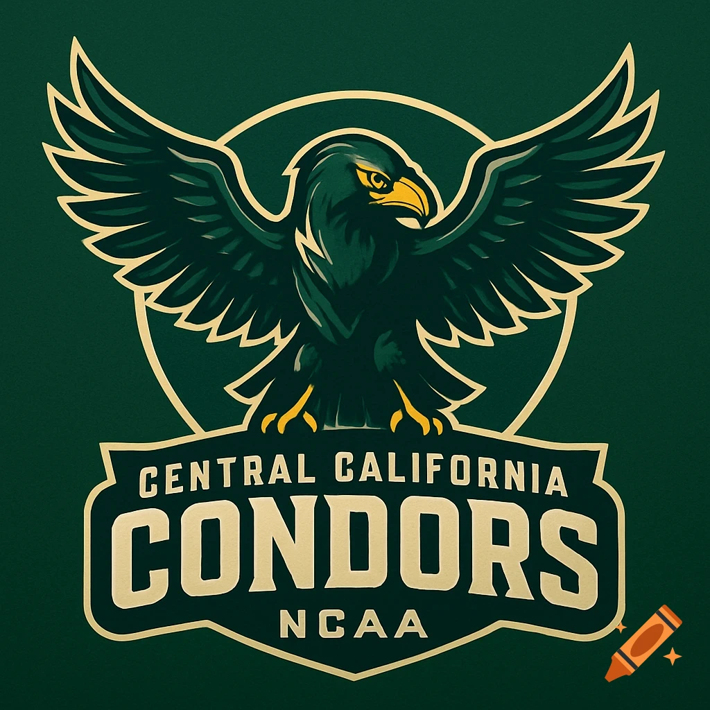 A sports logo featuring a dark green condor with golden accents, perched above 'CENTRAL CALIFORNIA CONDORS NCAA' text, all on a forest green background.