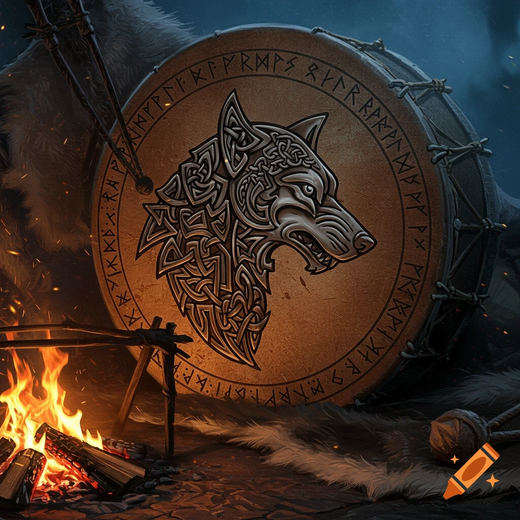 A detailed, stylized wolf head symbol on a Viking drum with runes, set next to a campfire on a fur rug.