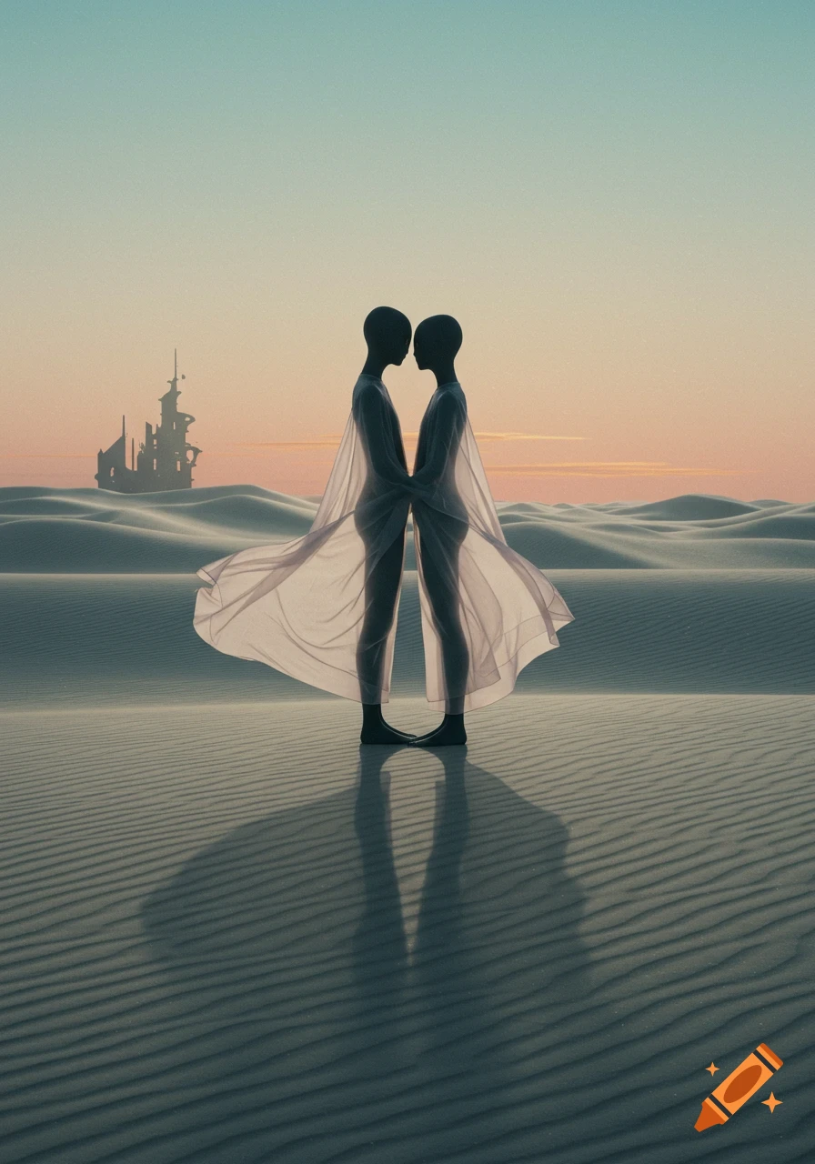 Two minimalist, stylized figures in sheer fabric hold hands in a vast, surreal desert landscape with a distant abstract structure.