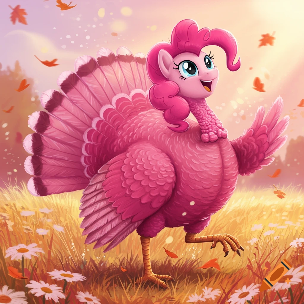 A pink Pinkie Pie turkey stands in a sunny grassy field with white flowers and falling autumn leaves.