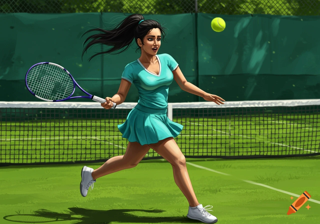 An illustration of a young Indian woman in a teal tennis outfit running on a green court, holding a racket, with a tennis ball in the air.