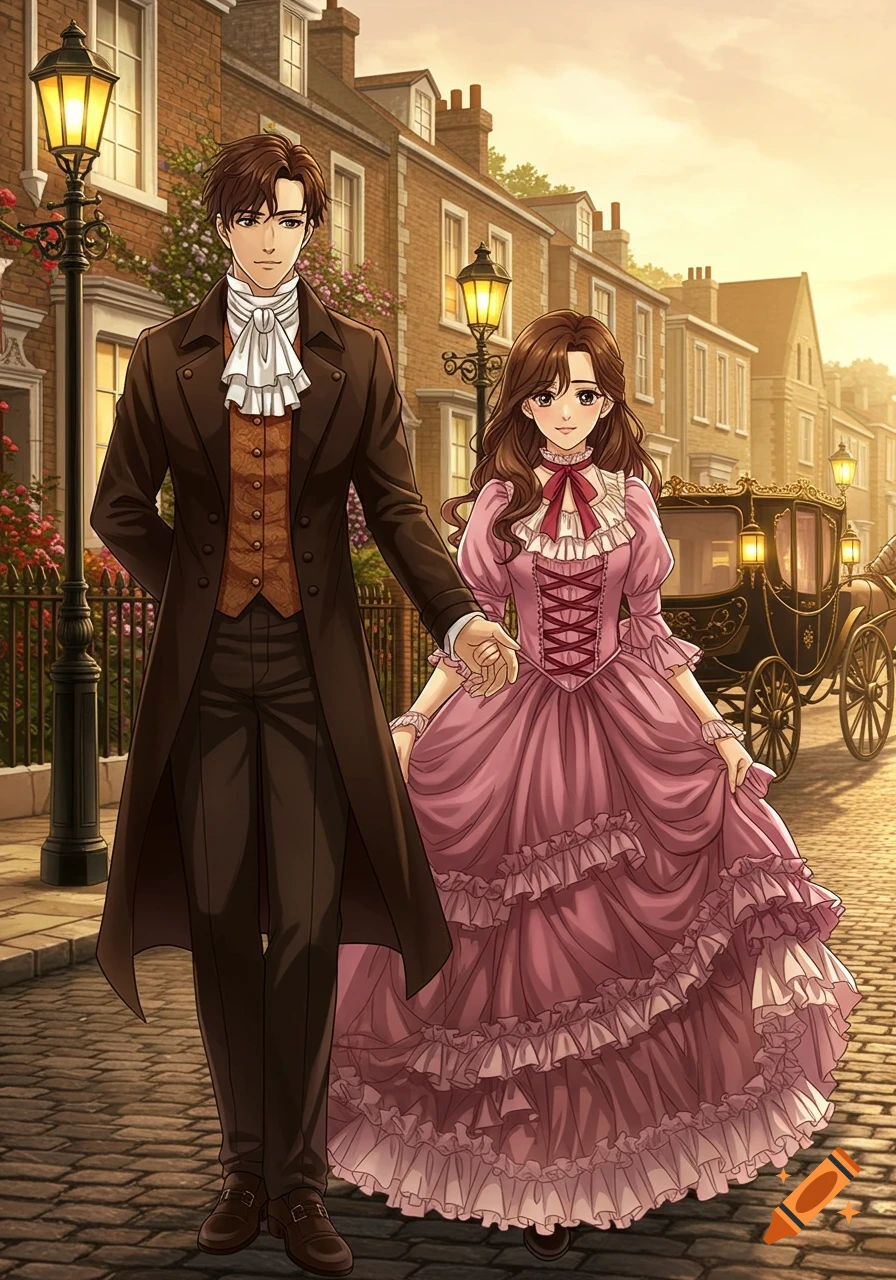 Anime Victorian man and woman holding hands, walking on a cobblestone street with brick buildings and street lamps.