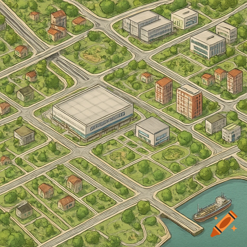Isometric illustration of a lively city plan with residential and commercial buildings, roads, green spaces, and a harbor.