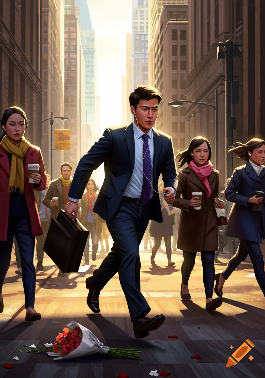 A determined businessman walks through a busy city street, headphones on, carrying a briefcase, with a bouquet of red flowers dropped on the ground at his feet. People walk around him.