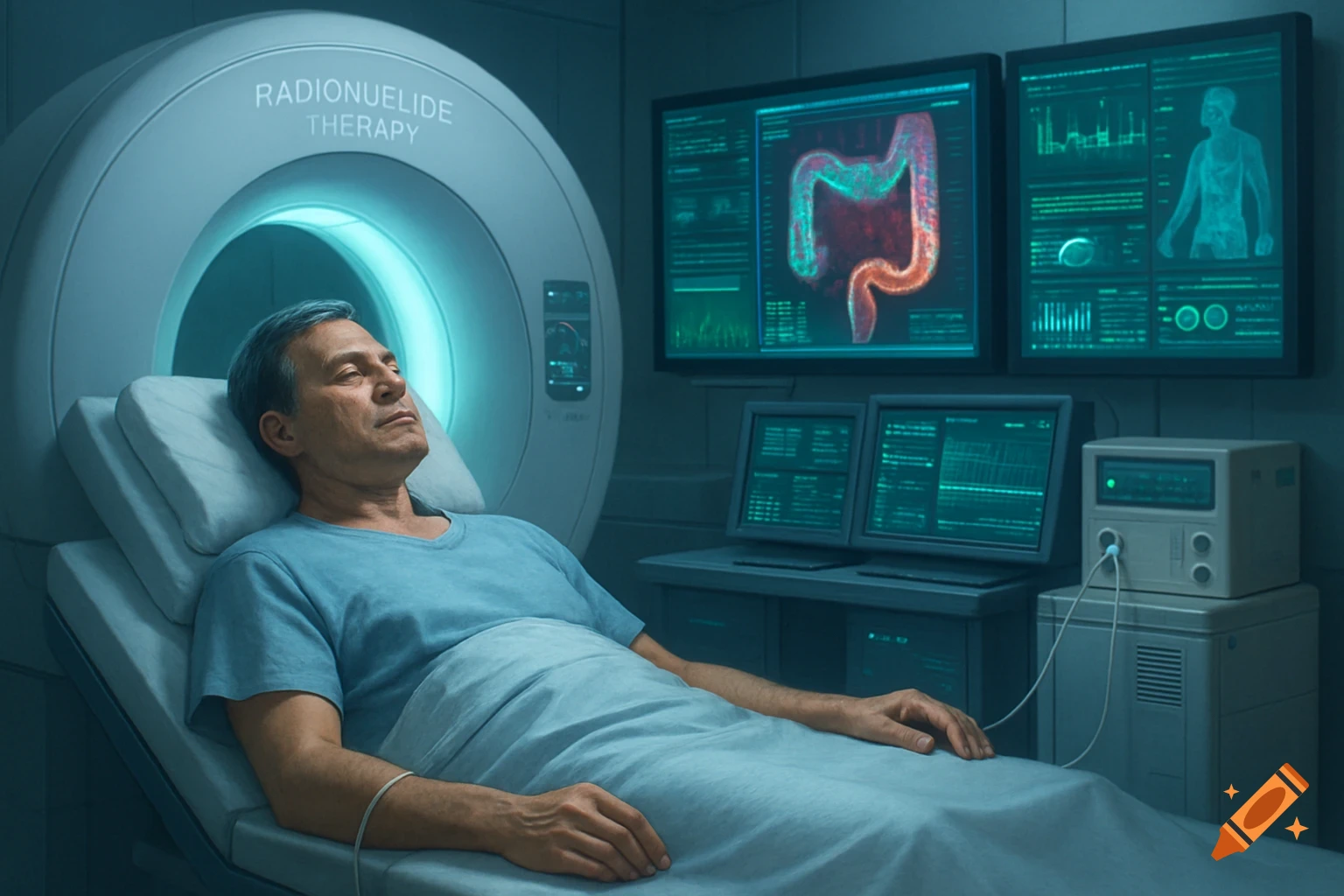 A man lies on a table, undergoing radionuclide therapy in a medical scanning machine, with diagnostic screens showing internal organs.