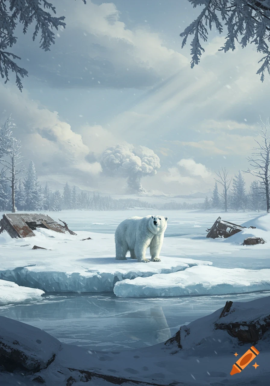 A polar bear stands on an ice floe in a snowy, frozen landscape with a large mushroom cloud in the distance.