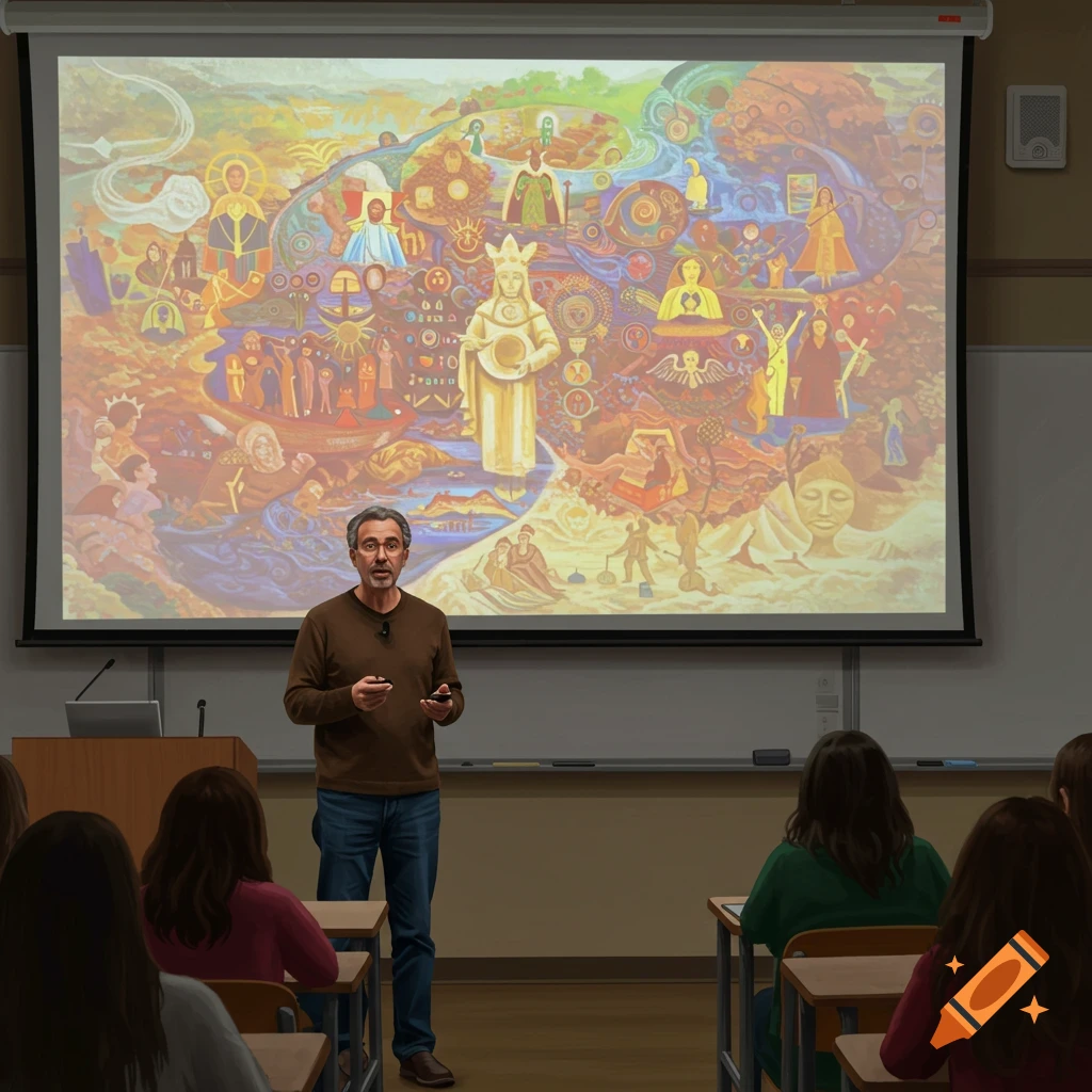A man stands at the front of a classroom, presenting a colorful, symbolic mural on a large projector screen to students.