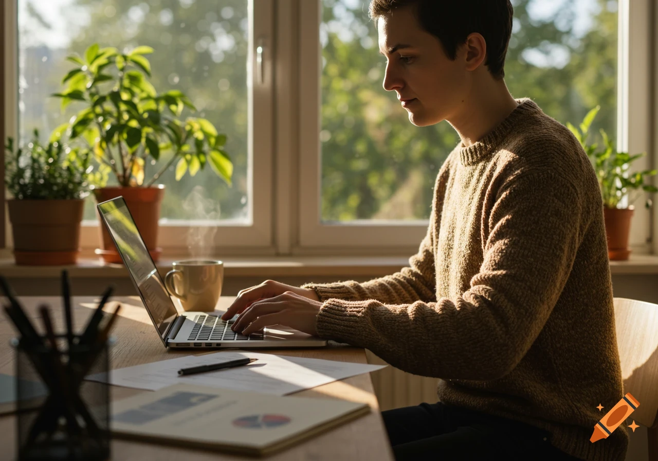 Young person works on a laptop at a desk by a sunny window with plants, photorealistic.