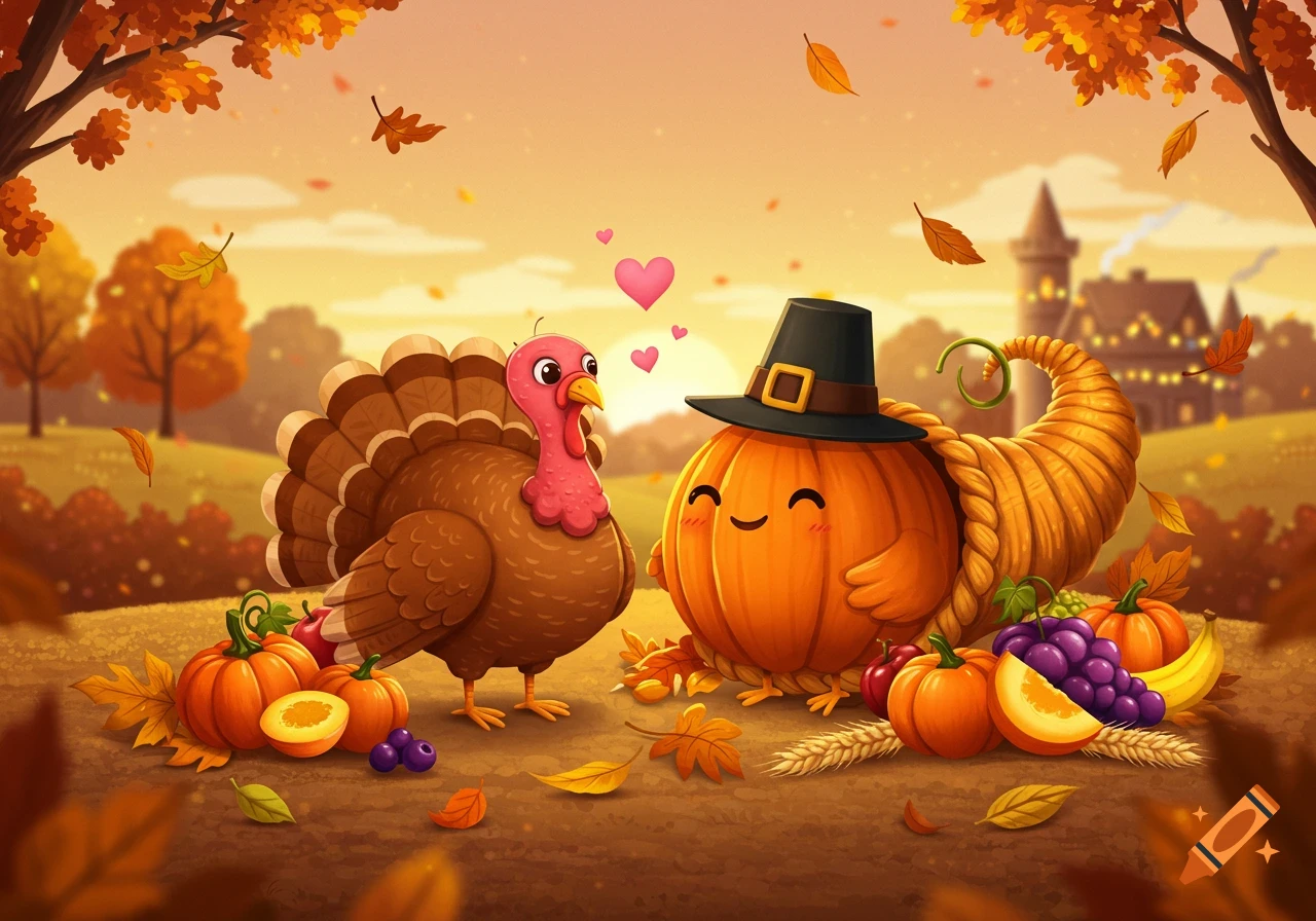 A cartoon turkey and a smiling pumpkin with a pilgrim hat, surrounded by fall leaves, pumpkins, and fruits in an autumn sunset.