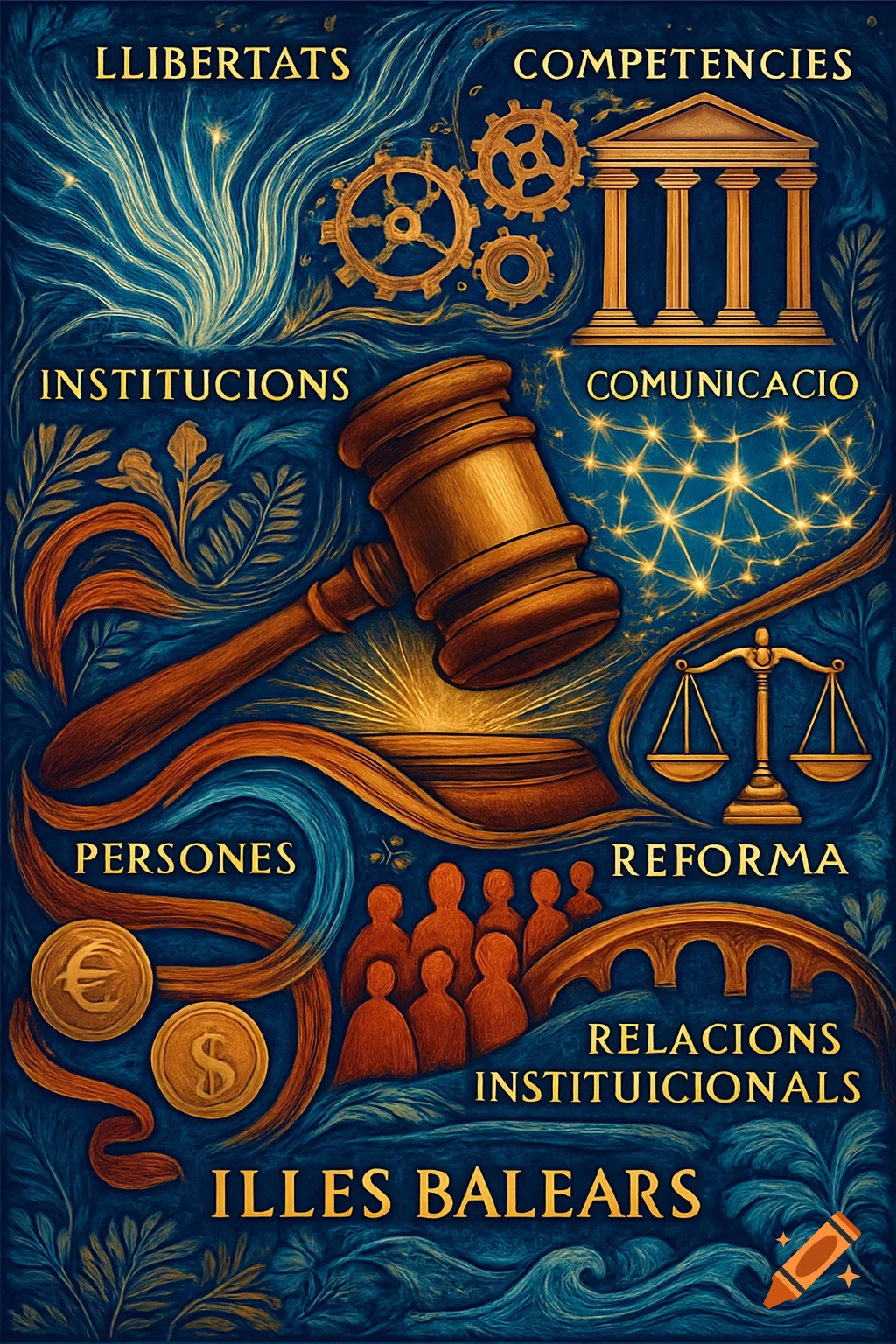 Stylized illustration featuring legal and governmental symbols like a gavel, scales of justice, a classical building, gears, people, and coins, all on a blue background with golden text.