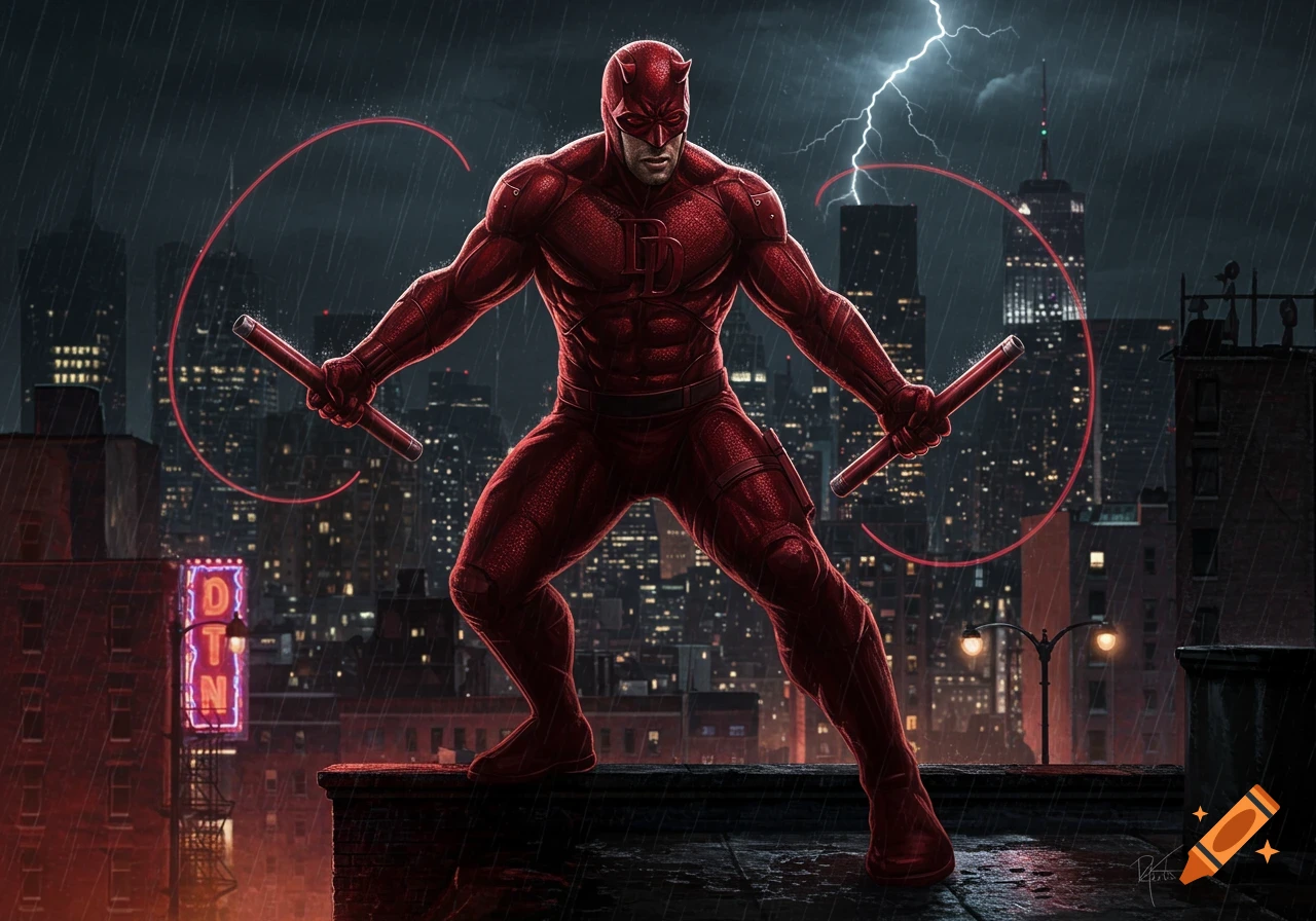 Daredevil in a red suit with batons stands on a rainy city rooftop at night with lightning, comic book style.