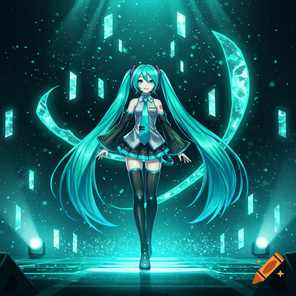 Hatsune Miku stands on a glowing stage surrounded by light effects and digital elements, in an anime style.