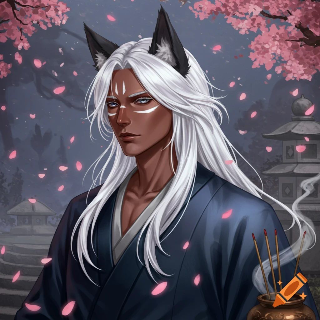 Manhwa style man with black wolf ears, coffee skin, gray eyes, white hair, wearing a dark blue kimono, with cherry blossoms and incense.