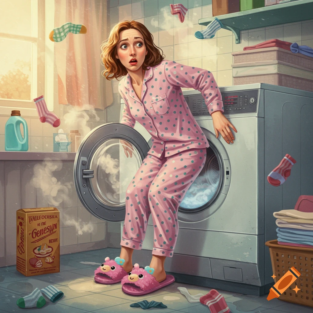 An illustrated woman in pink polka-dot pajamas with a shocked expression, leaning into a steaming washing machine in a laundry room, with socks floating around and a detergent box nearby.