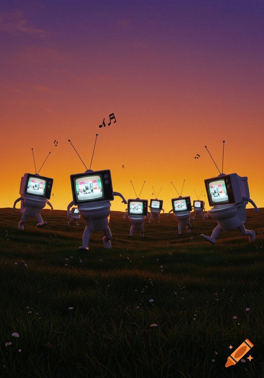 Several cartoonish TV-headed characters with toilet bodies dance in a green field under an orange and purple sunset, with musical notes floating around them.