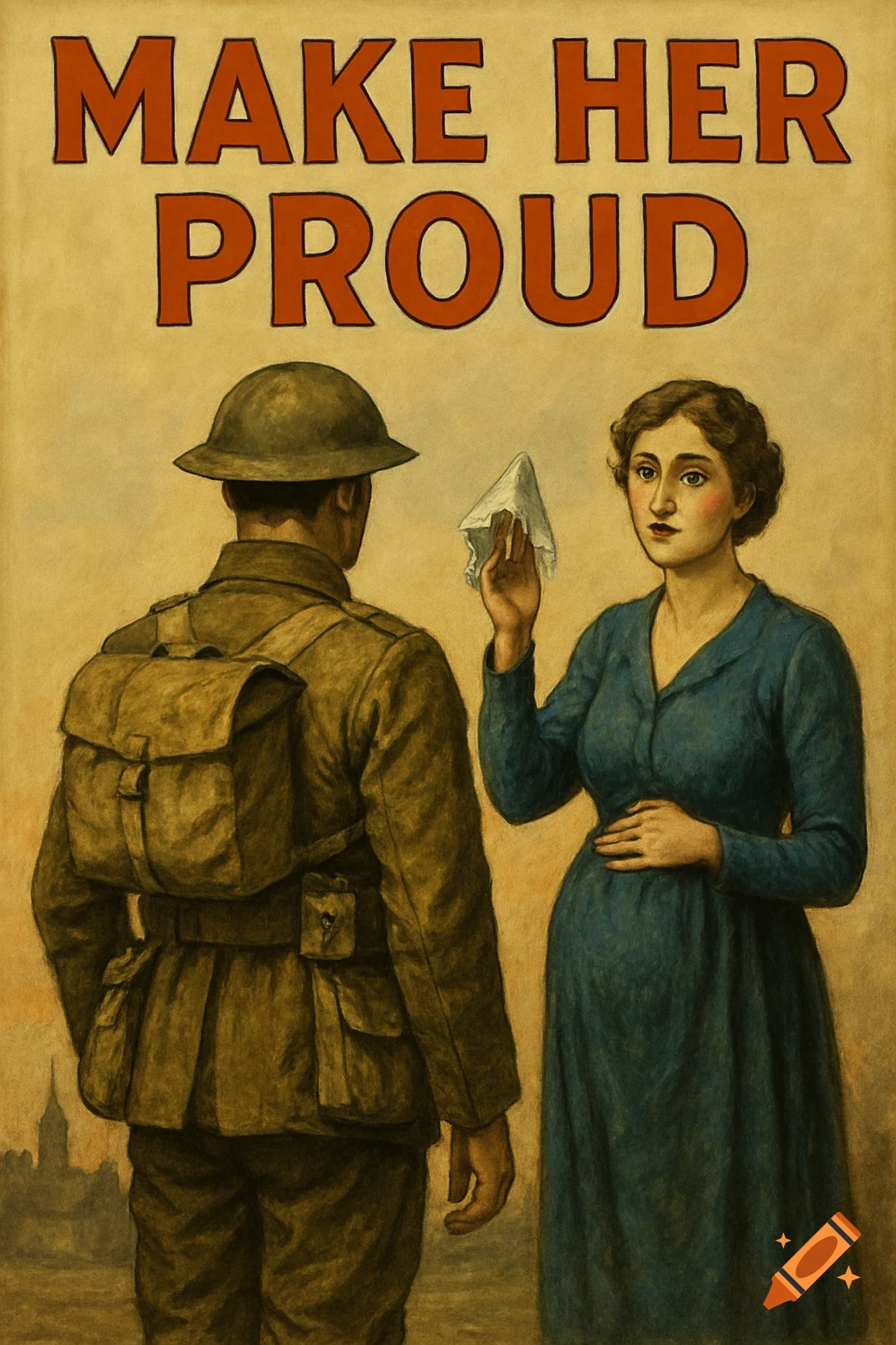 A WWI propaganda poster showing a soldier and a pregnant woman, with text 'MAKE HER PROUD' above them.