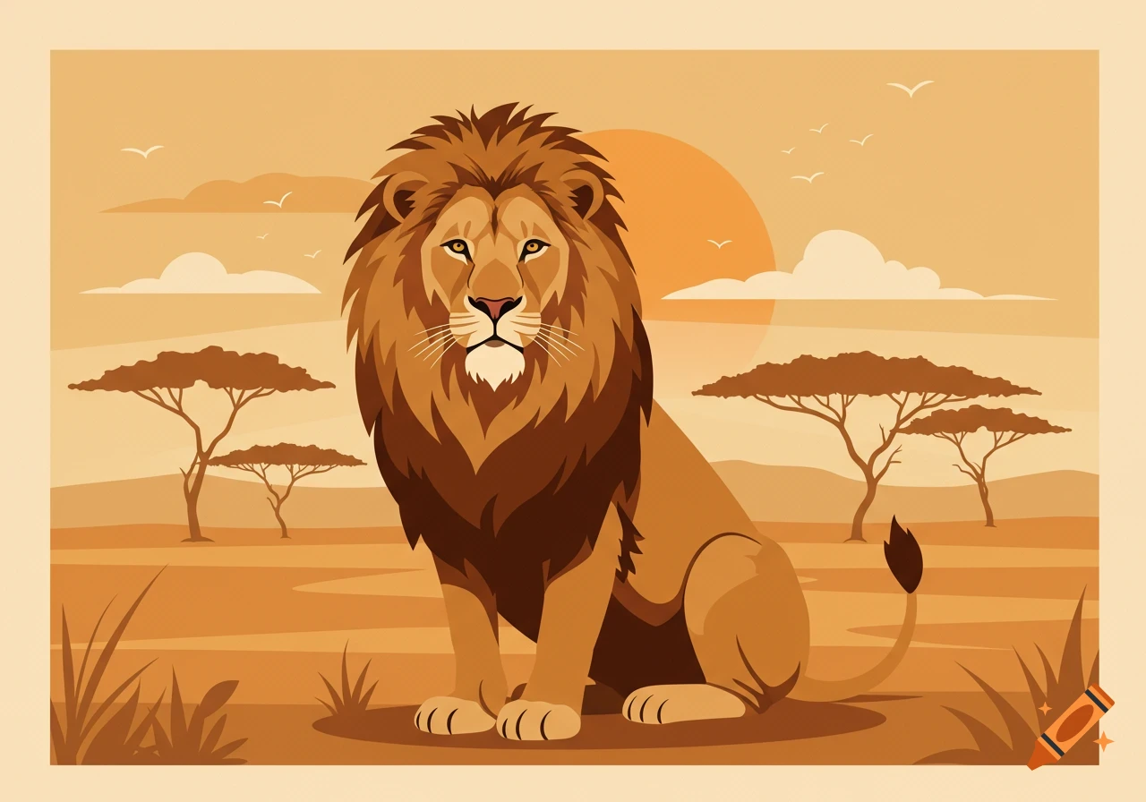 A stylized illustration of a majestic lion sitting in a golden savanna landscape with acacia trees and a sunset.