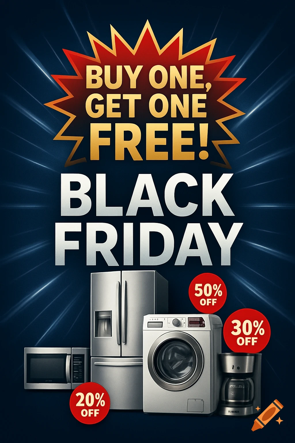 A Black Friday advertisement flyer featuring a 'Buy One, Get One Free!' offer, 'BLACK FRIDAY' text, and various home appliances with '20% OFF', '30% OFF', and '50% OFF' discount tags.